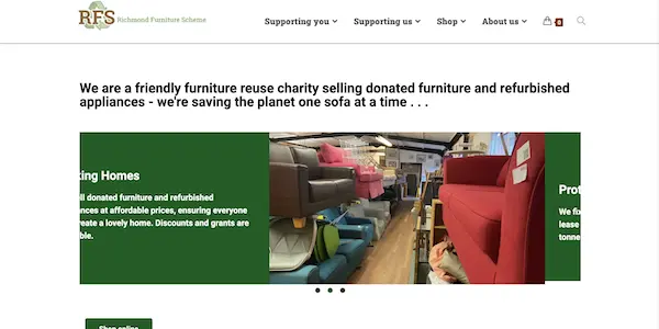 a screenshot of Richmond Furniture Scheme website showing their repurposed sofas and some accompanying promotional text